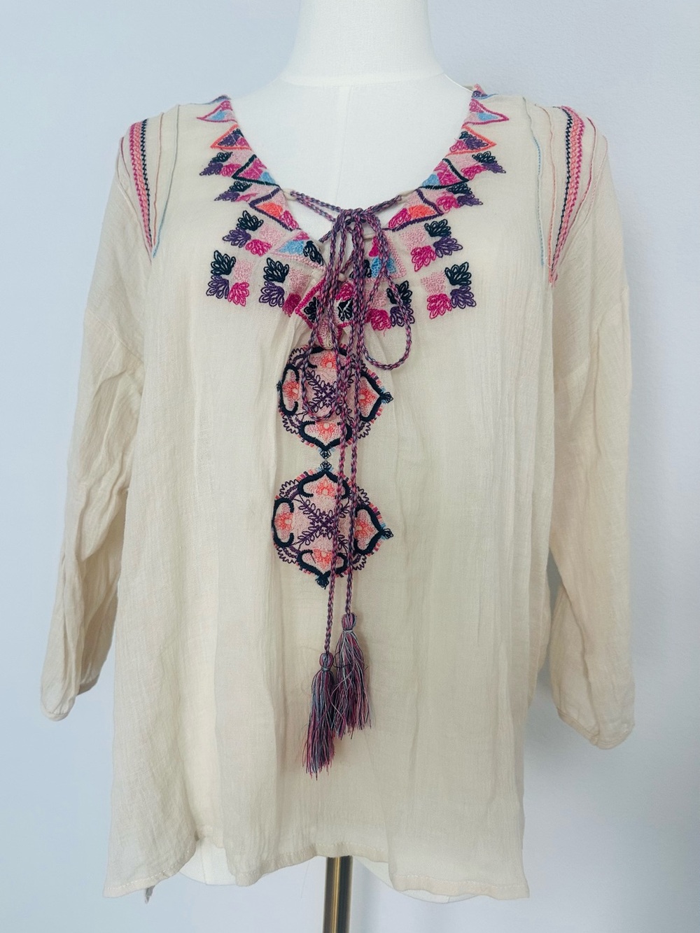 lovestitch Cream Boho Embroidered Tie-Neck Cotton Tunic